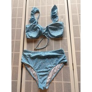 Blue Floral High Waisted Bikini Tummy Control Plus Size 0XL Retro‎ Boho Fringe